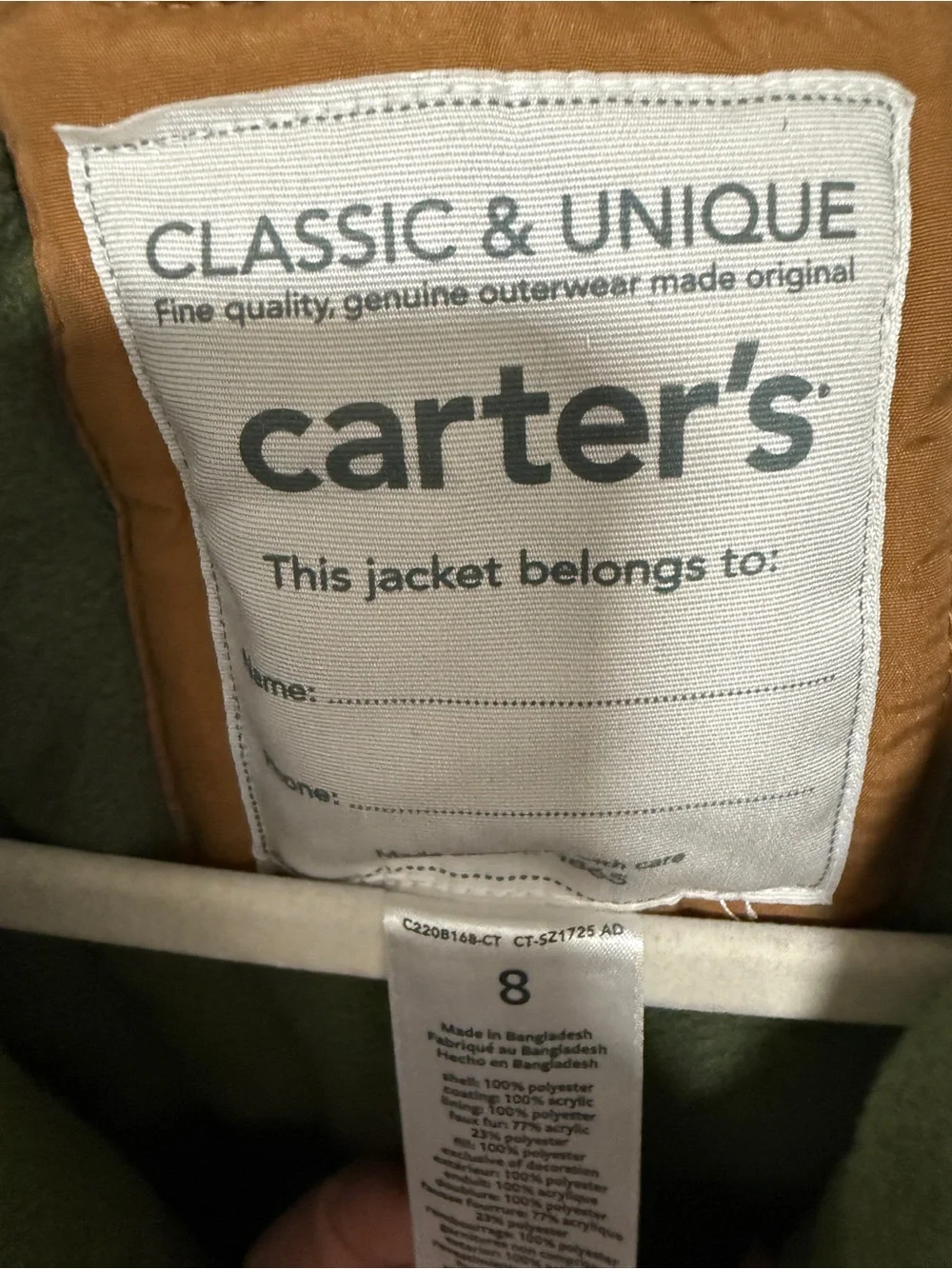 Carters Insulated Hooded Parka Jacket - Tan